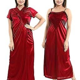 Women's Satin Lace Nighty with Robe -Colour-RED - Free Size-image-68