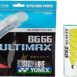 Yonex Ultimax BG 66 Badminton Strings, 0.65mm (Black)+Yonex Mavis 350 Green Cap Nylon Shuttlecock (Yellow)-26