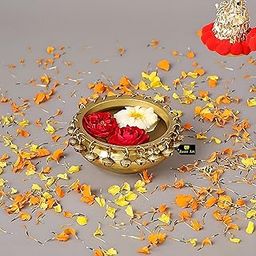 Jaszz Art Brass Urli Bowl with Bells | Uruli Pot for Home Decor Floating Flowers Candle Lamp, Diwali Decoration, Gift, Showpiece (6 inches, 1kg, Golden)-image-26