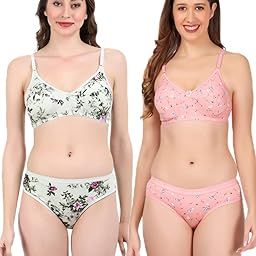 Women Non Padded Wirefree Pure Cotton Printed Multicolor Bra & Penty Set 2 Pack Combo-25
