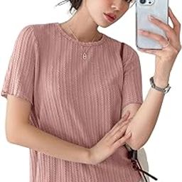 Women’s Regular Fit Crop Tops for Jeans | Round Neck T-Shirt | Korean Trendy Casual Style | Half Sleeve, Textured, Collarless | Tank & Formal Wear-image-105