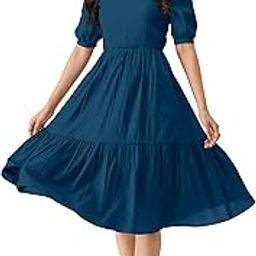 Dress for Women Satin Cotton Round Neck Half Puff Sleeve Flared Pleated Midi Western Dress-image-27