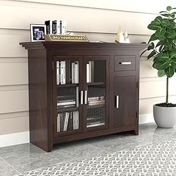 JAMWAY FURNITURE Sheesham Wood Storage Cabinet with 1 Drawer, 3 Shelves, 3-Door Glass Showcase | Kitchen Wooden Cabinet | Walnut Finish-image-52