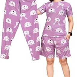 SALIMAR Enterprise 3 Pcs for Women Printed Co-Ords Set Night Suit and Night Dress T-Shirt Pyjama Combo-image-16