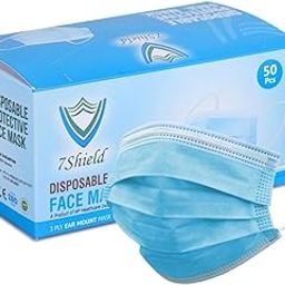 7Shield PP Spunbond Melt-Blown SMS Fabric Disposable Face Mask (Blue-50 Pack) with Nose Pin for Men & Women | ISO CE GMP SITRA Certified |Soft Spandex Earloop-111