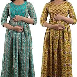 Women's Pure Cotton Printed Maternity Gown Feeding Nighty A-line Feeding Dress Kurti Gown for Women Pack of 2-image-7