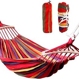 Baskety Cotton Fabric Canvas Travel Hammocks Light Camping Hammock Portable Beach Swing Bed with Hardwood Spreader Bar Tree Hanging Outdoor Indoor (280 x 100 cm(Wooden Strip), Red)-27