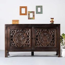 Hand-Carved Wooden Storage Cabinet 2-Door Solid Wood Cabinet in Dark Brown Finish with Traditional Floral Design, Decorative Storage Furniture for Living Room, Bedroom-image-42