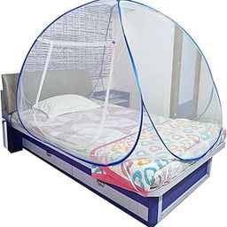 Shreenathji Jewellers Mosquito Net Polyster Fodeble for Adult Single Bed White Color and Blue Border-image-1
