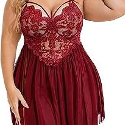 Plus Size Lingerie Lace Babydoll Womens Strap Chemise Nightgown V Neck Nighty Mesh Sleepwear Side Slit Nightdress with G-Sting Panty-image-14
