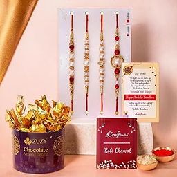 eCraftIndia Set of 4 Red, Golden White Pearls Rakhis for Brothers with Chocolate, Zuzy Almond Chocolate Box, Rakhi with Chocolate Gift - Roli Chawal Pack, Raksha Bandhan Greeting Card, 300 Grams-image-87