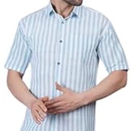 Blue Striped Cotton Blend Casual Shirt for Men by Qumash Fashion (Half Sleeves)-image-42