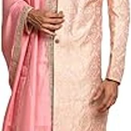 Men's Pink And Gold Silk Blend Sherwani Set - A Set Of Brocade Sherwani And Pyjama With Dupatta-picture-42