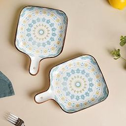 Nestasia Multicolor Set of 2 Mandala Patterned Square Ceramic Snack Plate/Dessert Plate/Plate with Handle for Baking and Serving All Types of Desserts and Snacks (9- Inch)-image-29