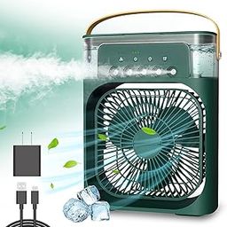 Techking 20 Years Warranty: Portable Air Conditioner Fan with 7 LED Colors, 3 Spray Modes, and Decent Battery Backup for 2 Hours for Desk or Coffee Table - GREEN-0