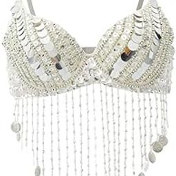 MYADDICTION Belly Dance Beaded Bra Sequins Tassel Top Dancing Singer Costumes Silver-image-76