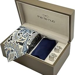 Navy Blue & Beige Paisley Necktie with Textured Cufflinks & Satin Navy Blue Pocket Square Combo For Men-image-34
