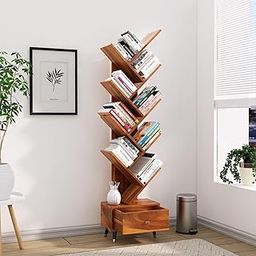 Gyanandam Wooden Book Shelf for Living Room | Solid Wood 9 Tier Tree Bookshelf with Drawer, 9 Open Shelf Bookcase with Metal Legs for Home Office (Honey Finish)-image-36