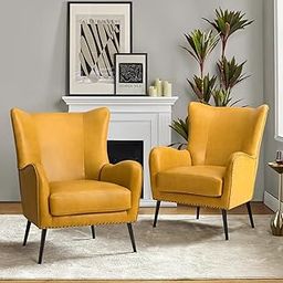 Fine Wood Art - Modern Wing Back Chair, High Back Chair Fabric Letherette, Nail Head Trim Design Chair for Living Room, Bedroom, Guestroom, Hallways (Yellow)-image-52