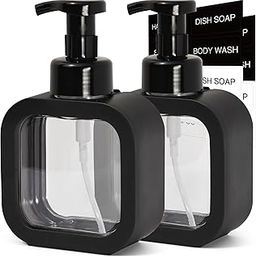 Foaming Soap Dispenser, 2 Pack 300ml (10oz) Plastic Refillable Foaming Hand Soap Dispenser with 16 Pcs Waterproof Labels, Foam Pump Bottle for Bathroom and Kitchen (Black)-image-20