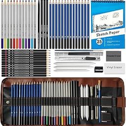 Corslet 52pc Sketch Pencil Set Drawing Kit Drawing Pencils 25 Sheets Sketchbook A5 Charcoal Pencils for Artists Watercolor Colour Pencils Shading Pencils Set Blending Stumps Sketching Kit Art Supplies-image-50