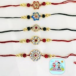 CraftVatika Rakhi for Brother with Gift Combo Set, Rakhi Set of 5 for Brother Bhaiya Men Boy Kids, Rakhis for Rakshabandhan, Rakhi Gift for Bhai, Kundan Rakhi Set, Fridge Magnet Gift for Door Decor-4