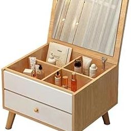ONCARNIVAL Wood Mini Dressing Table, Small Dresser Table Makeup Vanity With Mirror And Cosmetic Storage Stylish Modern Design For Bedroom Bay Window Dresser Cabinet (Beige)-18