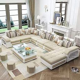 Woodsfreak Sectional Hardwood 9 Seater Fabric Sofa Set with 4-Puffy (Roland Beige and White)-image-18