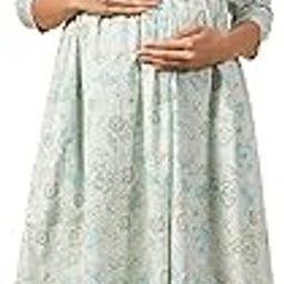 Pre & Post Maternity/Nursing Wear Hand Printed Kurta/Kurti Cum Midi Dress/Nighty with Both Sides Zipper for Easy Feeding for to Be Moms & Nursing Mothers Cotton Light Blue-picture-44