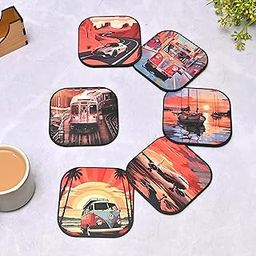 Gift Kya De Coaster Set of 6 Travel Theme Design Wooden Coasters to Serve Tea Cups, Coffee Mugs and Glasses (3.8 x 3.8 inch) (Travel) (Ecofriendly)-image-37