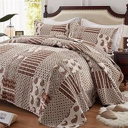 LEAONME Quilt Set Full/Queen Size 3 Piece Christmas Bedspread Coverlet Lightweight Comforter Microfiber Bedding Set for All Season Oversized 90x98 Inch Paisley Patchwork Brown(1 Quilt,2 Pillow Shams)-image-58