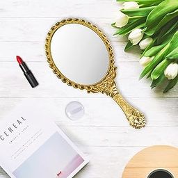 Victor Mirrors 9.5 Inch Hand Mirror, Handheld Mirror with Handle, Portable Mirror, Personal Makeup Plastic Oval Mirror - Gold Framed Dresser Mirror Small Size-47