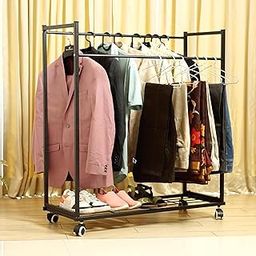 D&V ENGINEERING - Creative in Innovation Heavy Duty Cloth Hanger Rack With Wheel, Garment and Drying Rack for Hanging Cloths, Home Shelf (Black, Iron), 38x102x112 CM-image-69