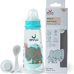 Mylo Baby 2 in 1 Feeding Bottle with Spoon (250 ml) for New Born Baby | Anti Colic & BPA Free Feeding Bottles | Feels Natural Baby Bottle | Easy Flow Neck Design- Blue Elephant-6