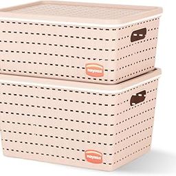 Nayasa Gloria 2 Pcs Set Basket | Rectangular shape | Medium 1 + Big 1 | Plastic Basket With Lid | Multipurpose Basket With Lid | Organizer Basket With Lid | Beige-26