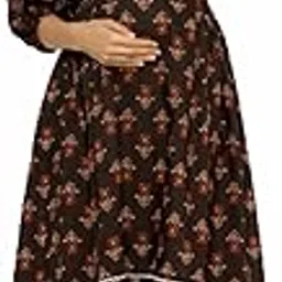 ikk kudi by seerat Women's Cotton Boota Print Maternity Midi Dress/Breastfeeding Dress/Western Dress with Zippers for Nursing Pre and Post Pregnancy | Color- Black-picture-1