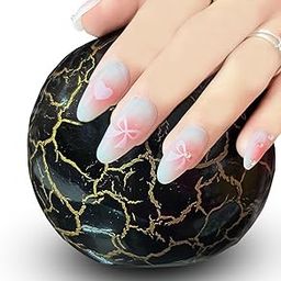 Secret Lives Glossy Reusable Artificial White & Pink Color with 3D Stone & Heart Star Design Fake False Press on Nails 24 pieces Set with Kit-6