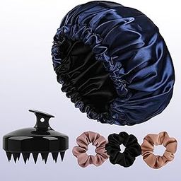 Inferno Silk Satin Hair Cap Bonnet for Sleeping | Hair Cover Caps for All Hair Types with 3 Scrunchies and Hair Scalp Massager (Navy Blue)-12