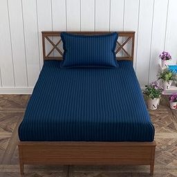 Trance Home Linen 100% Cotton 78x36 inch Single Fitted 200TC Satin Stripe Elastic Fitted Bedsheet | Single Bed Size Daily use Fitted Bedspread with 1 Pillow Covers (78"x36" | 6.5x3 feet,Dark Blue)-image-29