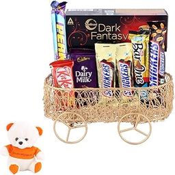 SFU E Com Premium Cart Basket With Chocolate Gift Hamper | Valentine Love Teddy Bear With Chocolate Combo | Valentine Chocolate Hamper | 674-7