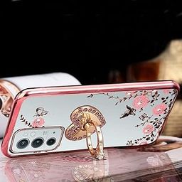 KC Back Cover for Oneplus 9RT 5G, Heart Ring Bling Rhinestone Floral 360 Diamond Finger Heart Ring Holder Stand Silicone Case (Rose Gold Pink)-picture-32