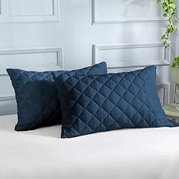 LINENWALAS 100% Bamboo Quilted Pillow Cover - Set of 2 | Ultra-Soft, Cooling & Breathable | Skin & Hair Friendly | Hidden Zipper Closure | Sweat-Absorbent & Hypoallergenic (18x28 Inches, Navy Blue)-2