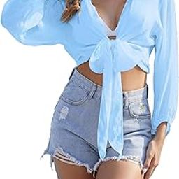 Women's Beach Cover Up Crop Top Tie Front V Neck Summer Long Sleeve Swimsuits-picture-12