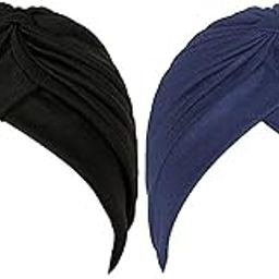 2 Pcs Men & Women Pleated Head Wrap Knit Bonnet Turban/Pleated Stretchable Polyester Pagri Head Cover/Sun Cap (Black & Blue)-image-63