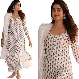 Women's White Colour Cotton Printed Straight Kurti with Palazzo Pant and Dupatta Set-39