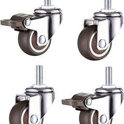 Norgail 1 Inch Small Tiny Shopping Cart Wheel Trolley Swivel Caster Wheels Soft Rubber TPE M6x 15mm Metric Threaded Mini Stem Caster Wheel (2 with Brakes), 33lb/15kg Load Capacity, Set of 4-24
