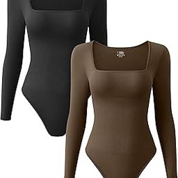 2 Piece Women's Sexy Ribbed One-Piece Square Neck Long Sleeve Bodysuits-image-28