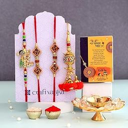 Rakhi Gift Combo for Brother, Brass Crystal Diya Oil Lamp with 4 Rakhi Gift Set - Rakhi for Bhaiya Bhabhi - Raksha Bandhan Card/Lumba Rakhi/Krishna Rakhi/Om Rudraksh Rakhi-image-66