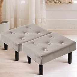 Decoration Crown Rectangular Shape Small Footrest Stool Velvet Fabric Pouf with Padded Seat Wooden Ottoman Seating Step Stool for Living Room Bedroom (Set of 2, Grey)-image-11