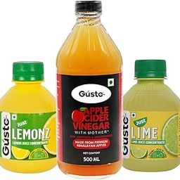 Gusto Foods Summer Refrenishment Pack - Lemon Juice Concentrate 200ml + Lime Juice Concentrate 200ml + Apple Cider Vinegar with Mother 500ml | Pack of 3-3